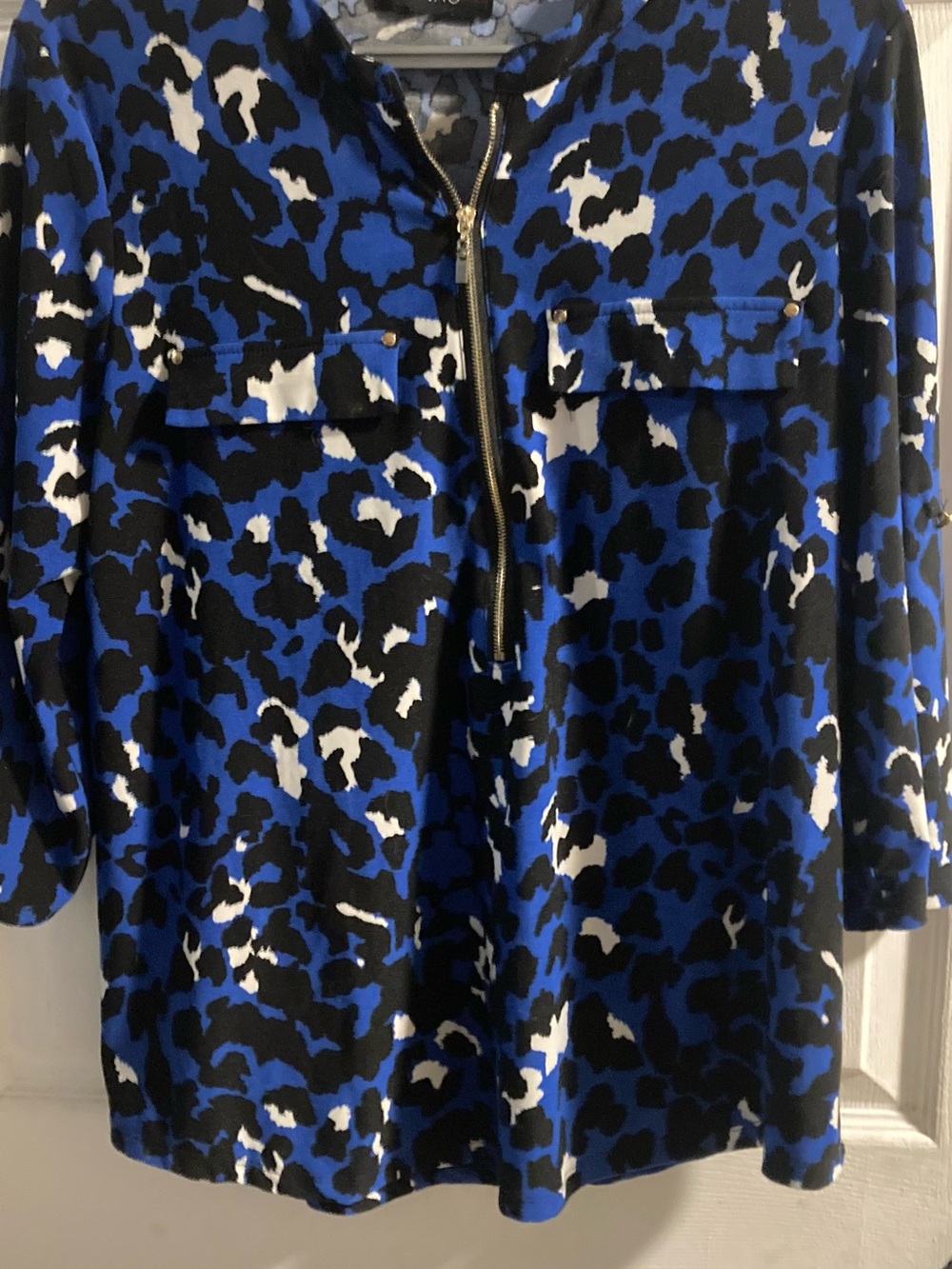 INC International Concepts Blue, Black & Cream Animal-Print Half-Zip Top